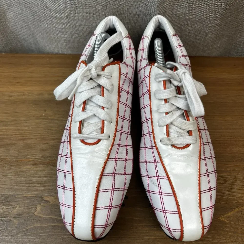 Footjoy Golf Shoes Women’s 8M Pink Plaid Orange Cleats 97222 Lace Up Spikes